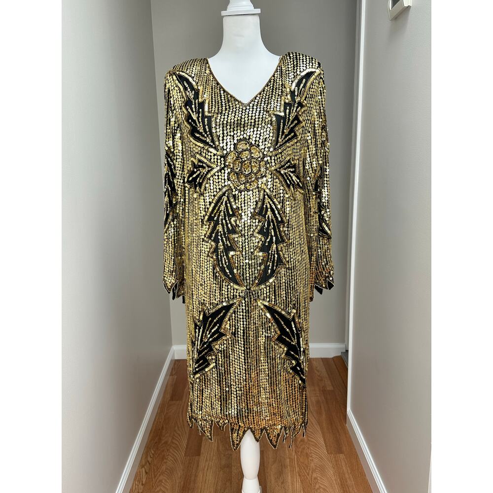 Vintage Nandans Silk Beaded Gold Retro Dress